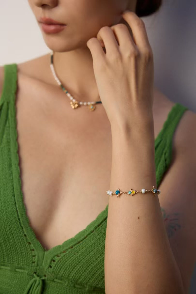 DOUBLE&LL Starry Night Bracelet | Vintage S925 Silver with Natural Pearl & Turquoise