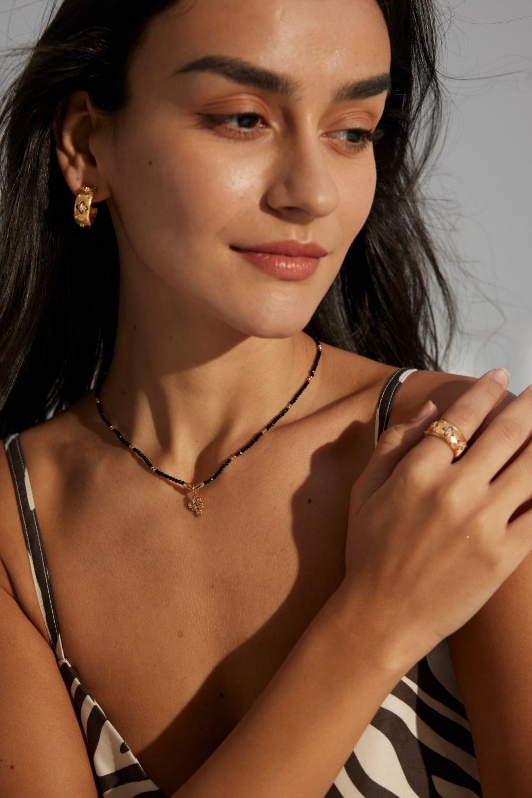 DOUBLE&LL Black Crystal Bead Necklace - 18K Gold Plated S925 Sterling Silver with Cubic Zirconia Pendant & Gold Accent Beads, Adjustable Chain