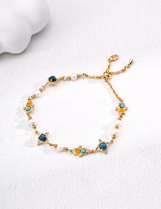 DOUBLE&LL Starry Night Bracelet | Vintage S925 Silver with Natural Pearl & Turquoise
