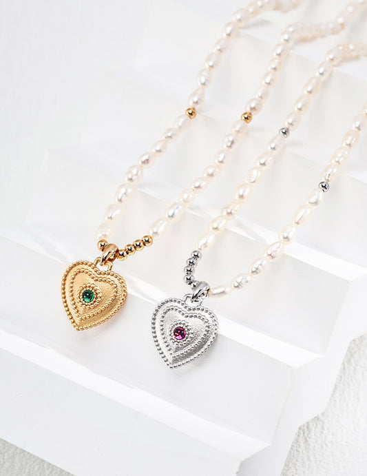 DOUBLE&LL Women's Heart Pendant Necklace,Natural Pearl & Zircon,18K Gold Plated -925 Sterling Silver,Vintage Birthstone Gift for Her