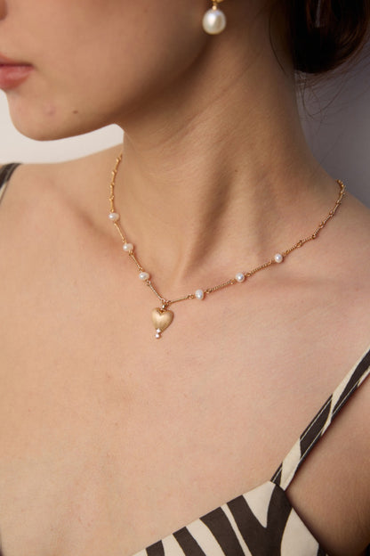 DOUBLE&LL Natural Pearl Necklace - 18K Antique Gold Plated S925 Sterling Silver Chain with Brushed Heart Pendant & Cubic Zirconia Accents