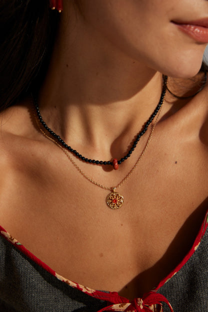 DOUBLE&LL Vintage Gold Pendant Necklace - 925 Sterling Silver 18k Gold Plated Orange Zircon Hollow Design Elegant Jewelry