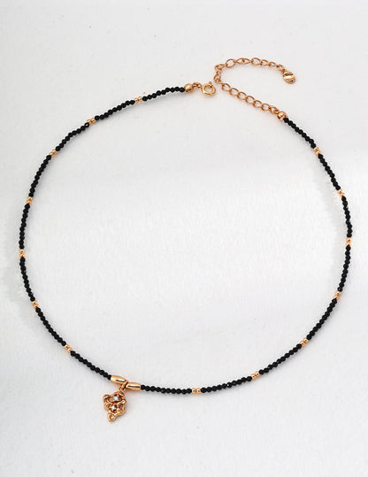 DOUBLE&LL Black Crystal Bead Necklace - 18K Gold Plated S925 Sterling Silver with Cubic Zirconia Pendant & Gold Accent Beads, Adjustable Chain
