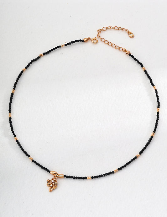 DOUBLE&LL Black Crystal Bead Necklace - 18K Gold Plated S925 Sterling Silver with Cubic Zirconia Pendant & Gold Accent Beads, Adjustable Chain