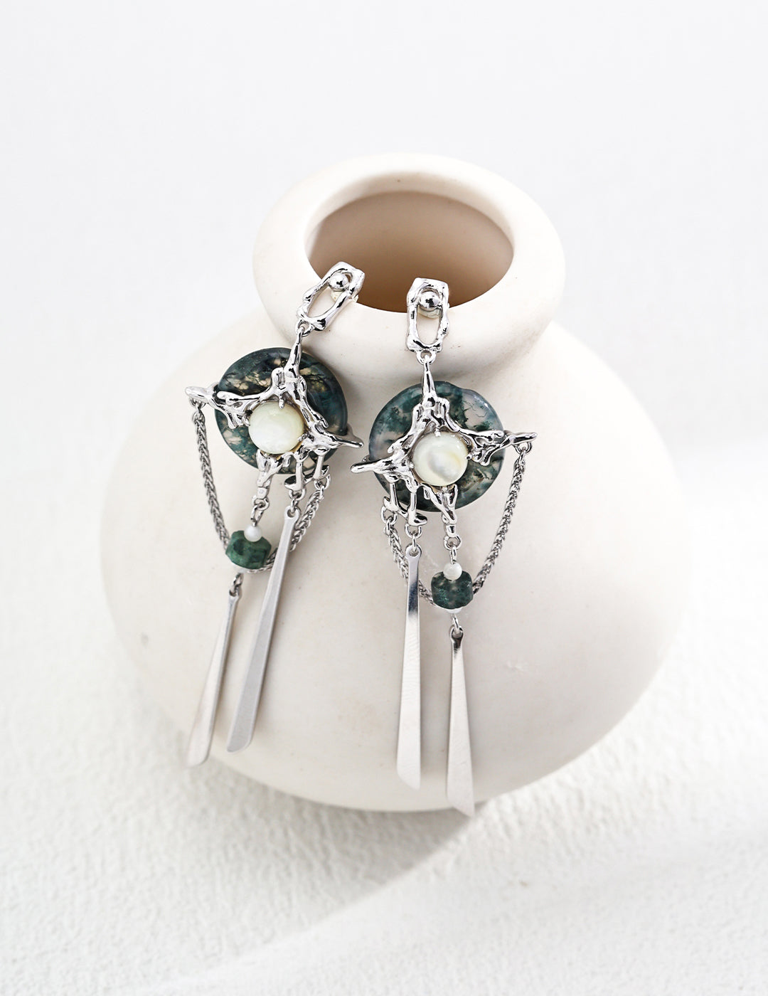DOUBLE&LL Moss Agate Peace Earrings - S925 Silver Pteria Penguin Shell Cabochons Neo-Chinese Zen Jewelry