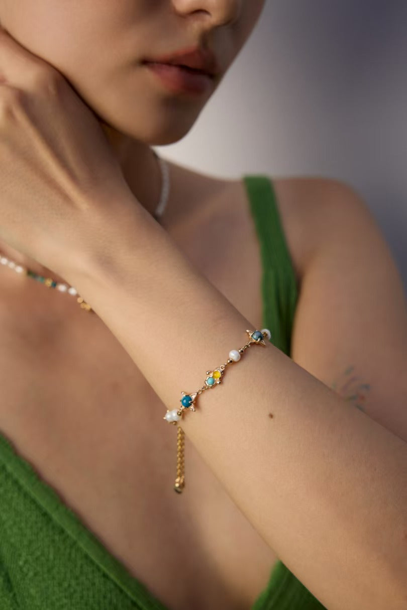 DOUBLE&LL Starry Night Bracelet | Vintage S925 Silver with Natural Pearl & Turquoise