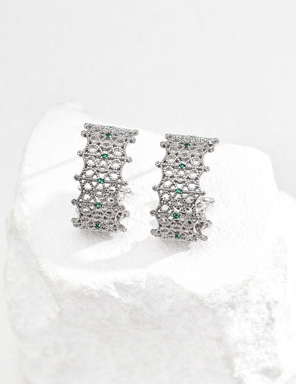 DOUBLE&LL French Lace Filigree Earrings - 18K Gold Plated S925 Sterling Silver Cubic Zirconia Studs | Vintage Baroque Elegance