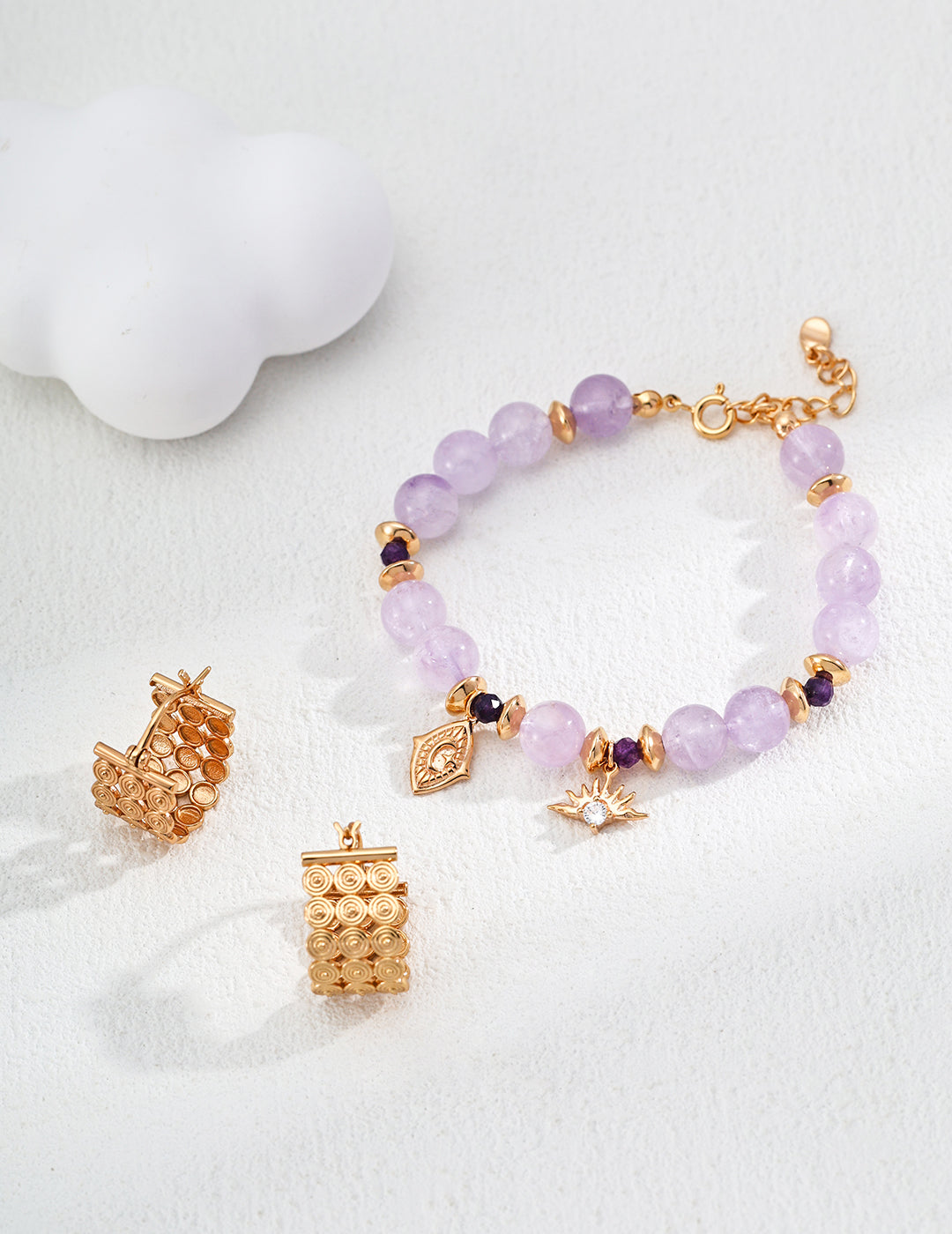 DOUBLE&LL Lavender Enhanced Natural Amethyst Bead Bracelet - Vintage 18K Gold Plated S925 Sterling Silver with Cubic Zirconia & Crystal Accents, Adjustable Extender Chain