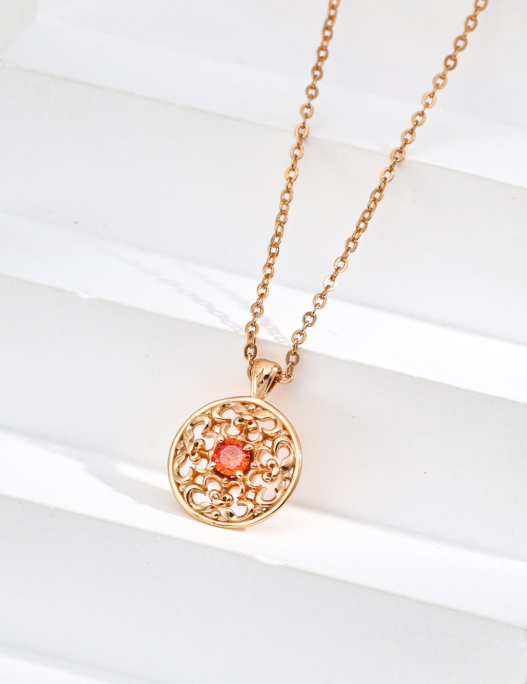 DOUBLE&LL Vintage Gold Pendant Necklace - 925 Sterling Silver 18k Gold Plated Orange Zircon Hollow Design Elegant Jewelry