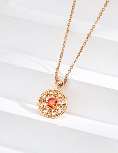 DOUBLE&LL Vintage Gold Pendant Necklace - 925 Sterling Silver 18k Gold Plated Orange Zircon Hollow Design Elegant Jewelry