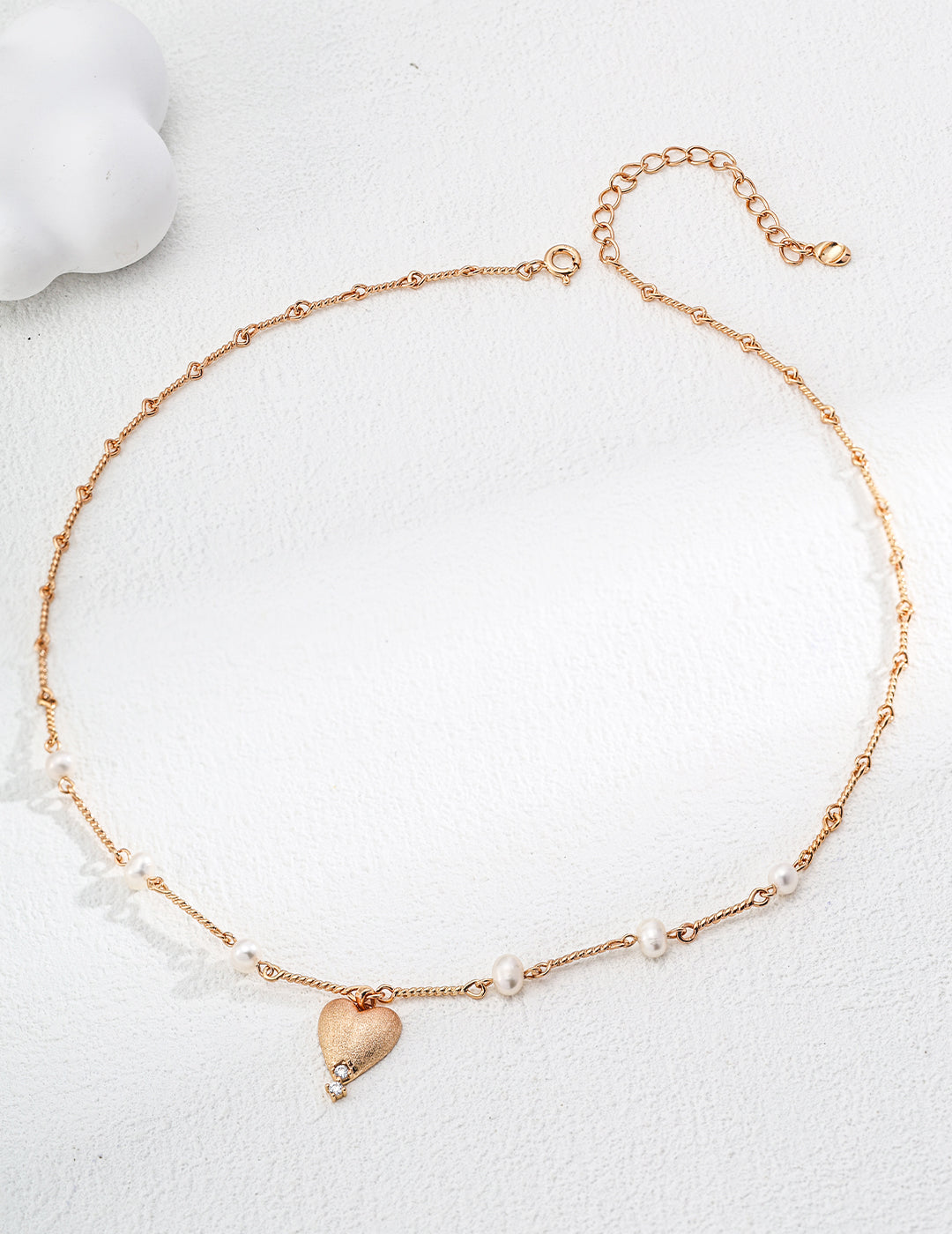 DOUBLE&LL Natural Pearl Necklace - 18K Antique Gold Plated S925 Sterling Silver Chain with Brushed Heart Pendant & Cubic Zirconia Accents