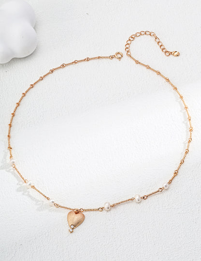 DOUBLE&LL Natural Pearl Necklace - 18K Antique Gold Plated S925 Sterling Silver Chain with Brushed Heart Pendant & Cubic Zirconia Accents