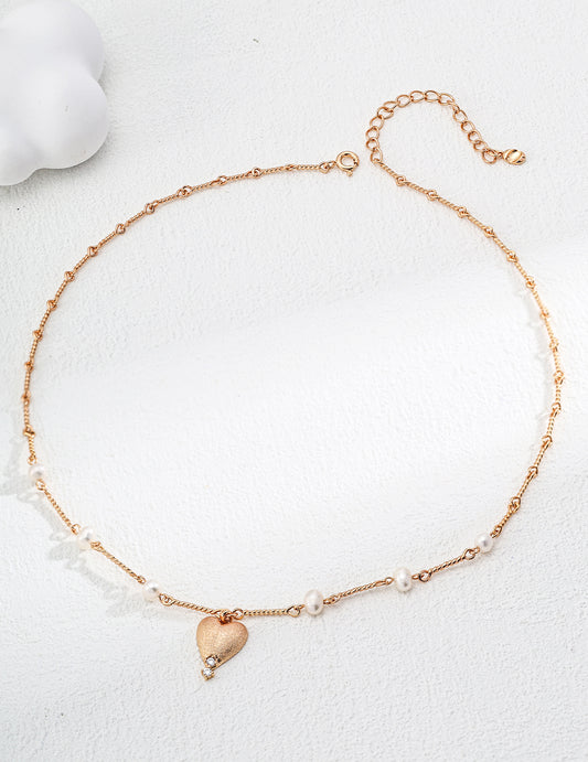 DOUBLE&LL Natural Pearl Necklace - 18K Antique Gold Plated S925 Sterling Silver Chain with Brushed Heart Pendant & Cubic Zirconia Accents