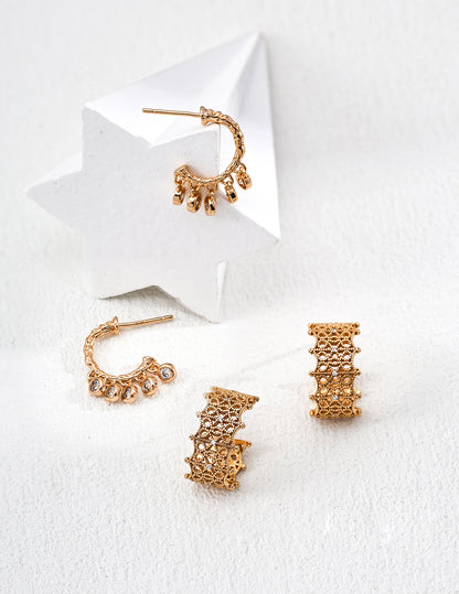 DOUBLE&LL French Lace Filigree Earrings - 18K Gold Plated S925 Sterling Silver Cubic Zirconia Studs | Vintage Baroque Elegance