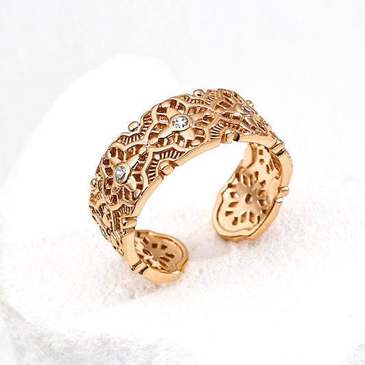 DOUBLE&LL Vintage Openwork Ring - Adjustable 18K Gold Plated S925 Sterling Silver Filigree Ring with Cubic Zirconia | Baroque Stackable Jewelry