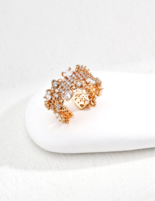 DOUBLE&LL Vintage Gold Plated S925 Silver Full Prong Set Cubic Zirconia Ring - Floral Lattice Design, Open Adjustable Band