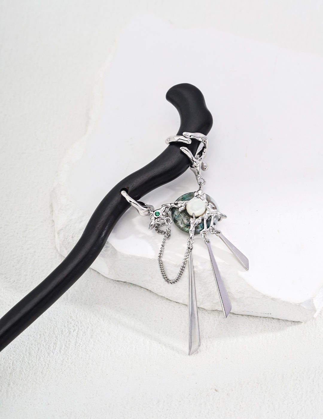 DOUBLE&LL Artisan S925 Silver Moss Agate Peace Pendant Set with Pearl Shell Ring & Blackwood Hairpin - Neo-Chinese Luxury Jewelry