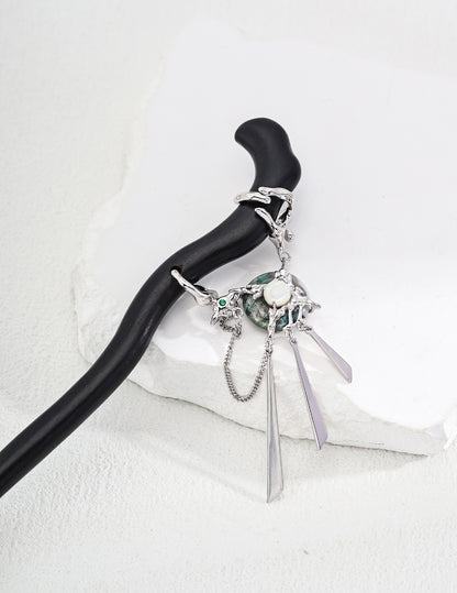DOUBLE&LL Artisan S925 Silver Moss Agate Peace Pendant Set with Pearl Shell Ring & Blackwood Hairpin - Neo-Chinese Luxury Jewelry