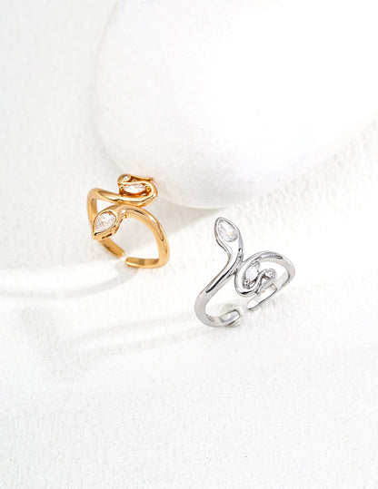 DOUBLE&LL Open Adjustable Ring - 18K Gold Plated S925 Sterling Silver Statement Cubic Zirconia Ring | Vintage Minimalist Stacking Jewelry