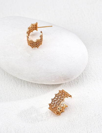 DOUBLE&LL French Lace Filigree Earrings - 18K Gold Plated S925 Sterling Silver Cubic Zirconia Studs | Vintage Baroque Elegance