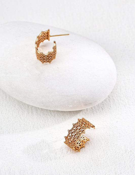 DOUBLE&LL French Lace Filigree Earrings - 18K Gold Plated S925 Sterling Silver Cubic Zirconia Studs | Vintage Baroque Elegance