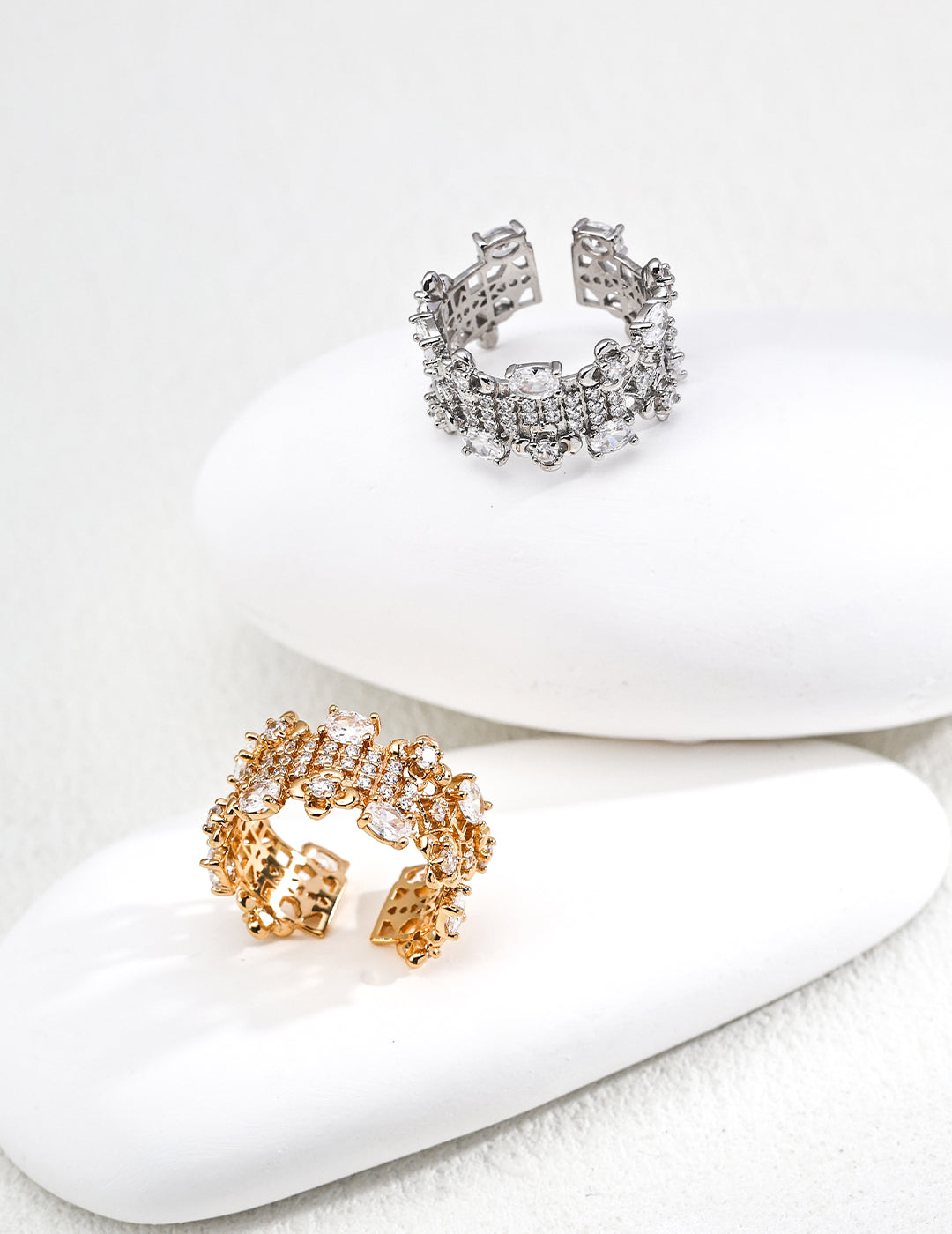 DOUBLE&LL Vintage Gold Plated S925 Silver Full Prong Set Cubic Zirconia Ring - Floral Lattice Design, Open Adjustable Band