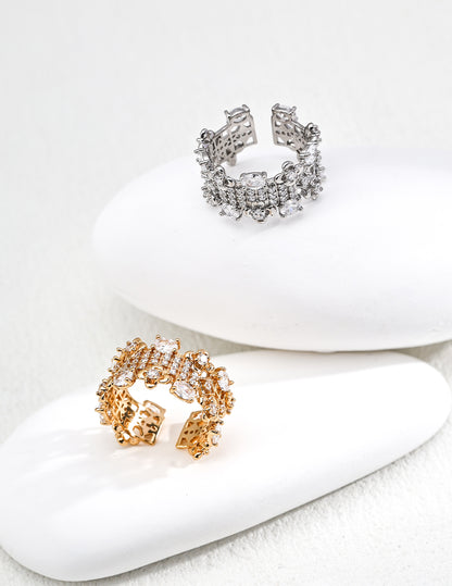 DOUBLE&LL Vintage Gold Plated S925 Silver Full Prong Set Cubic Zirconia Ring - Floral Lattice Design, Open Adjustable Band