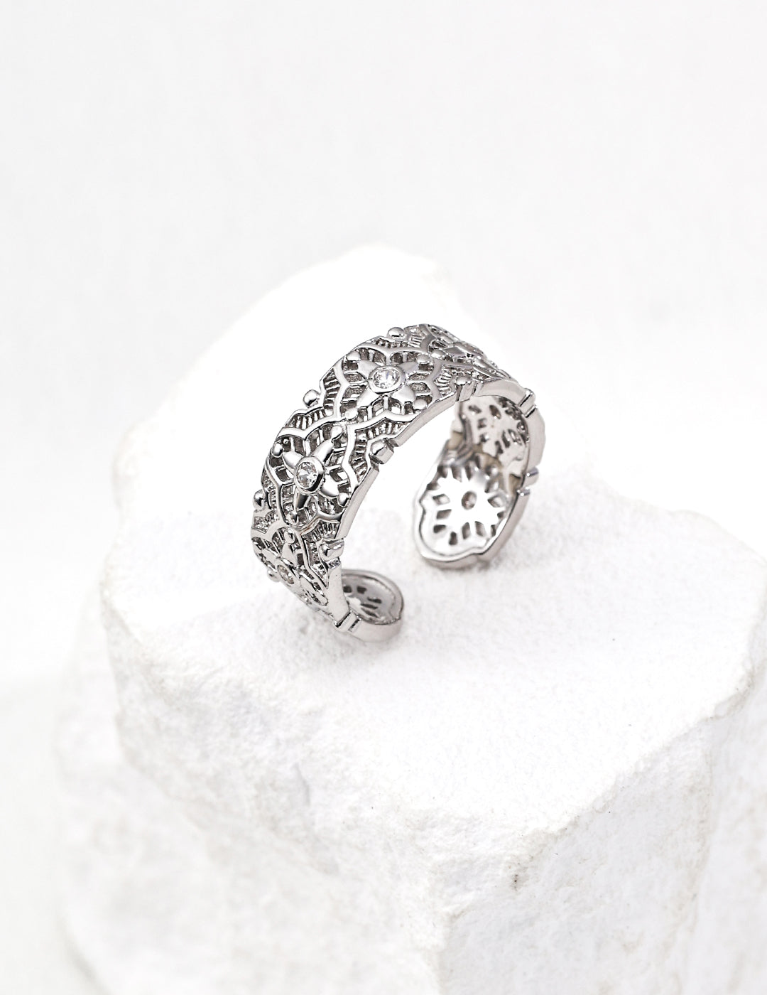 DOUBLE&LL Vintage Openwork Ring - Adjustable 18K Gold Plated S925 Sterling Silver Filigree Ring with Cubic Zirconia | Baroque Stackable Jewelry