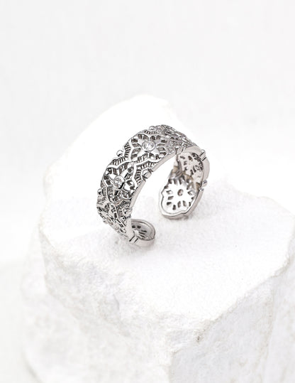 DOUBLE&LL Vintage Openwork Ring - Adjustable 18K Gold Plated S925 Sterling Silver Filigree Ring with Cubic Zirconia | Baroque Stackable Jewelry
