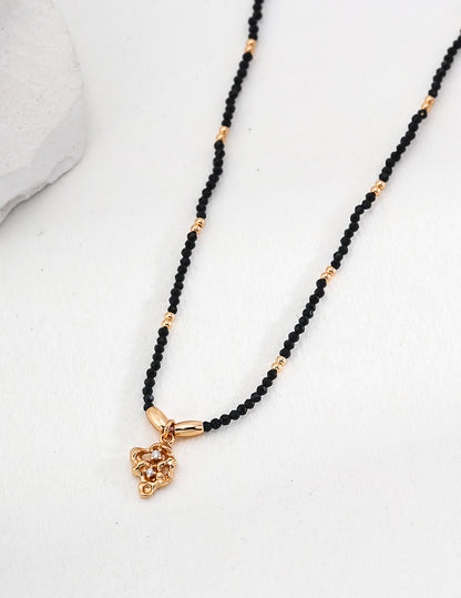 DOUBLE&LL Black Crystal Bead Necklace - 18K Gold Plated S925 Sterling Silver with Cubic Zirconia Pendant & Gold Accent Beads, Adjustable Chain