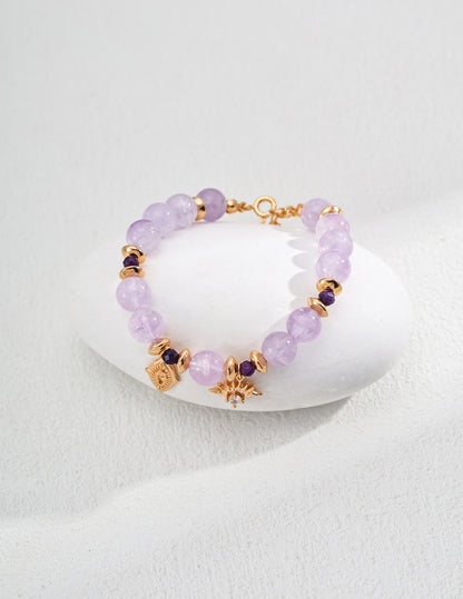 DOUBLE&LL Lavender Enhanced Natural Amethyst Bead Bracelet - Vintage 18K Gold Plated S925 Sterling Silver with Cubic Zirconia & Crystal Accents, Adjustable Extender Chain