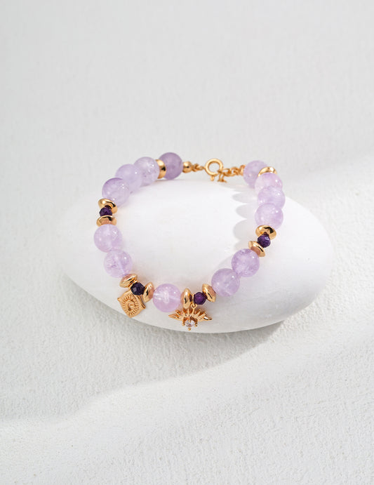 DOUBLE&LL Lavender Enhanced Natural Amethyst Bead Bracelet - Vintage 18K Gold Plated S925 Sterling Silver with Cubic Zirconia & Crystal Accents, Adjustable Extender Chain