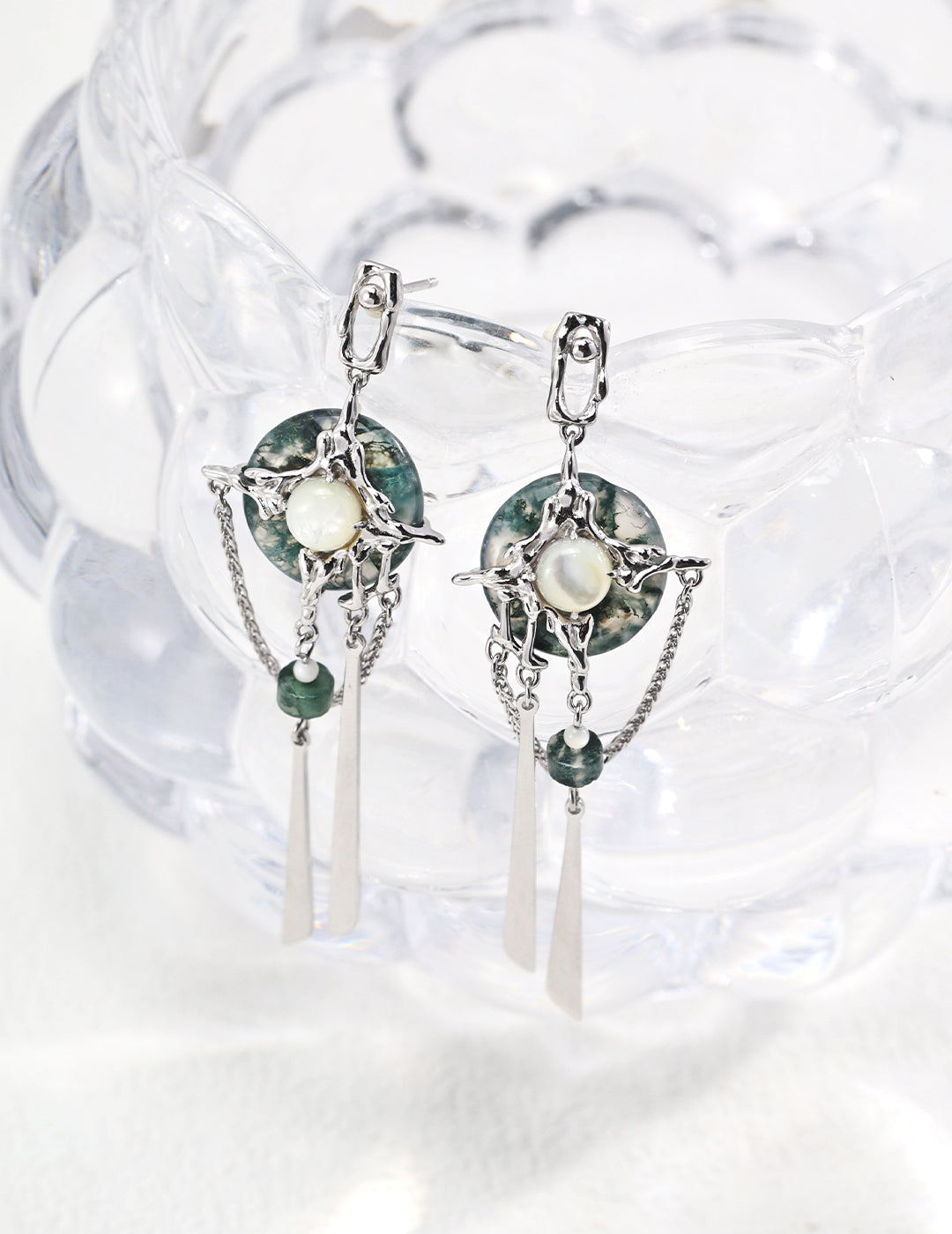 DOUBLE&LL Moss Agate Peace Earrings - S925 Silver Pteria Penguin Shell Cabochons Neo-Chinese Zen Jewelry