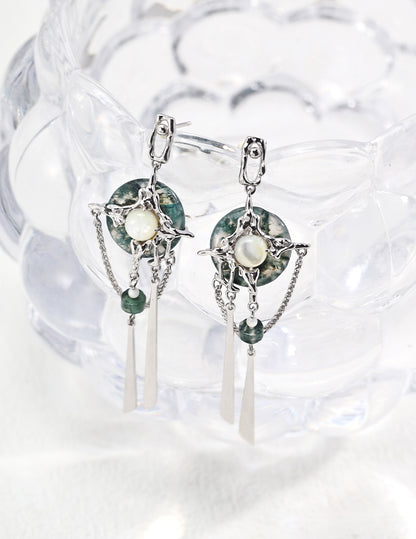 DOUBLE&LL Moss Agate Peace Earrings - S925 Silver Pteria Penguin Shell Cabochons Neo-Chinese Zen Jewelry