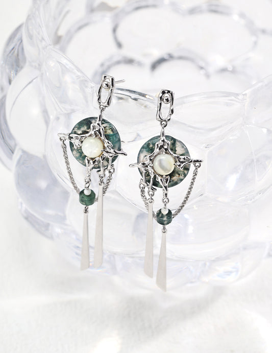 DOUBLE&LL Moss Agate Peace Earrings - S925 Silver Pteria Penguin Shell Cabochons Neo-Chinese Zen Jewelry