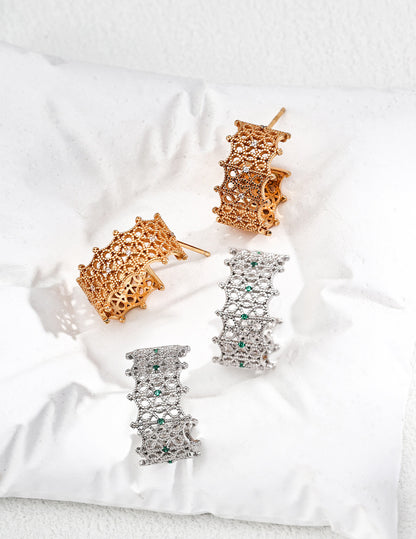 DOUBLE&LL French Lace Filigree Earrings - 18K Gold Plated S925 Sterling Silver Cubic Zirconia Studs | Vintage Baroque Elegance