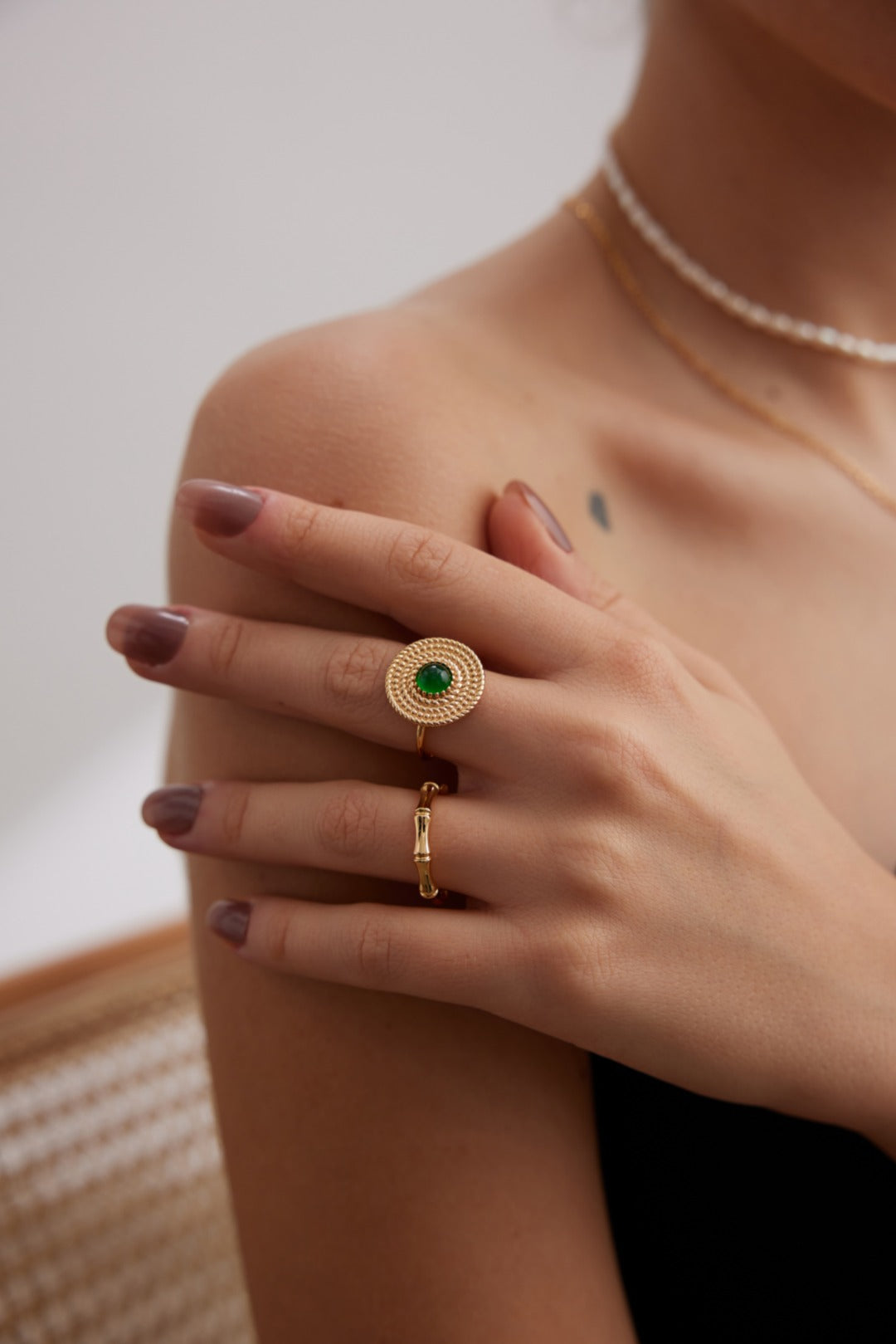 DOUBLE&LL Vintage Adjustable Open Ring - 925 Sterling Silver 18k Gold Plated Gemstone Ring, Green Chalcedony Intricate Woven Design Elegant Jewelry