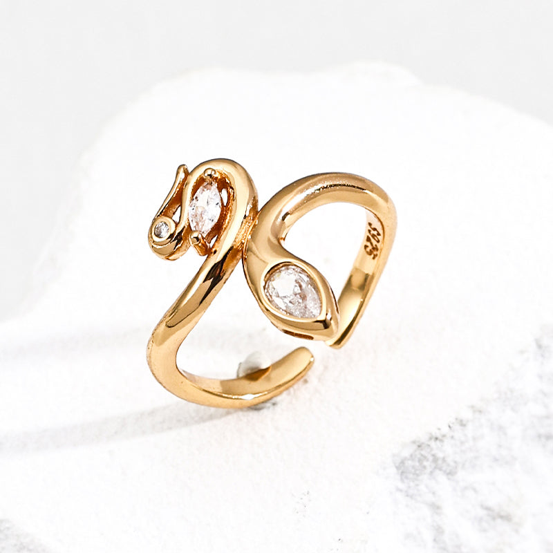 DOUBLE&LL Open Adjustable Ring - 18K Gold Plated S925 Sterling Silver Statement Cubic Zirconia Ring | Vintage Minimalist Stacking Jewelry