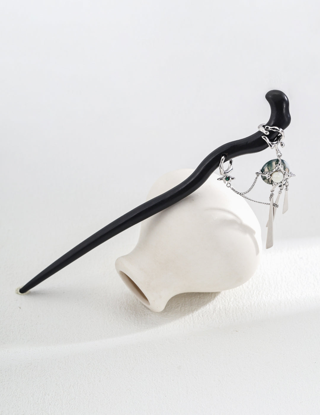 DOUBLE&LL Artisan S925 Silver Moss Agate Peace Pendant Set with Pearl Shell Ring & Blackwood Hairpin - Neo-Chinese Luxury Jewelry