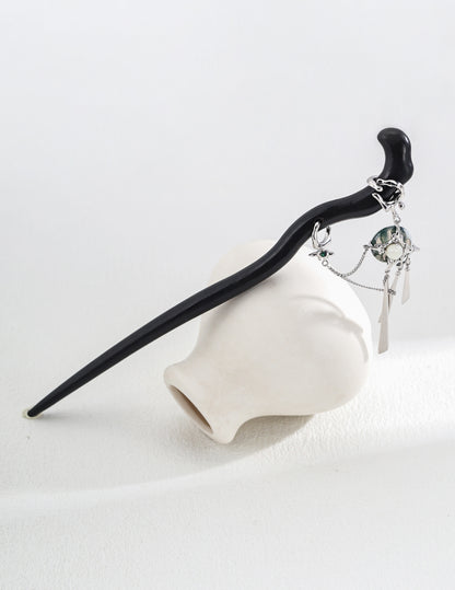 DOUBLE&LL Artisan S925 Silver Moss Agate Peace Pendant Set with Pearl Shell Ring & Blackwood Hairpin - Neo-Chinese Luxury Jewelry