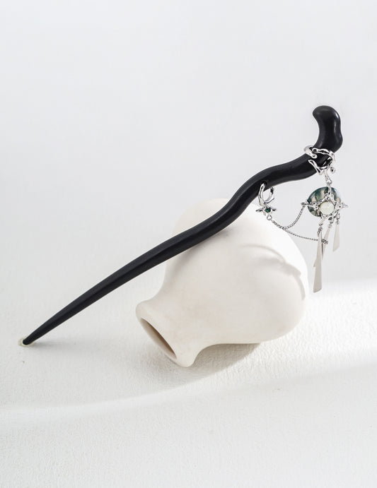 DOUBLE&LL Artisan S925 Silver Moss Agate Peace Pendant Set with Pearl Shell Ring & Blackwood Hairpin - Neo-Chinese Luxury Jewelry