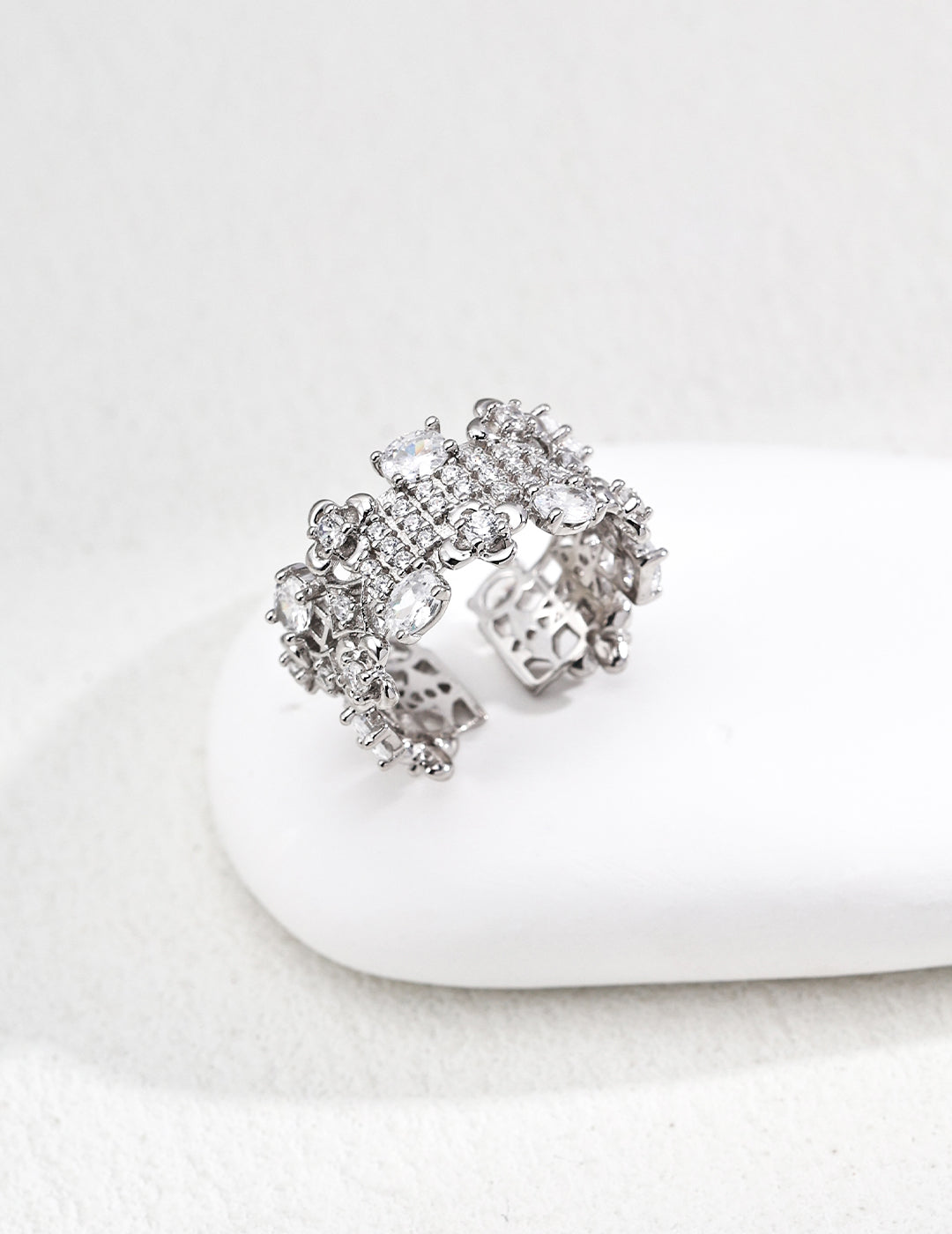 DOUBLE&LL Vintage Gold Plated S925 Silver Full Prong Set Cubic Zirconia Ring - Floral Lattice Design, Open Adjustable Band