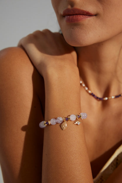 DOUBLE&LL Lavender Enhanced Natural Amethyst Bead Bracelet - Vintage 18K Gold Plated S925 Sterling Silver with Cubic Zirconia & Crystal Accents, Adjustable Extender Chain