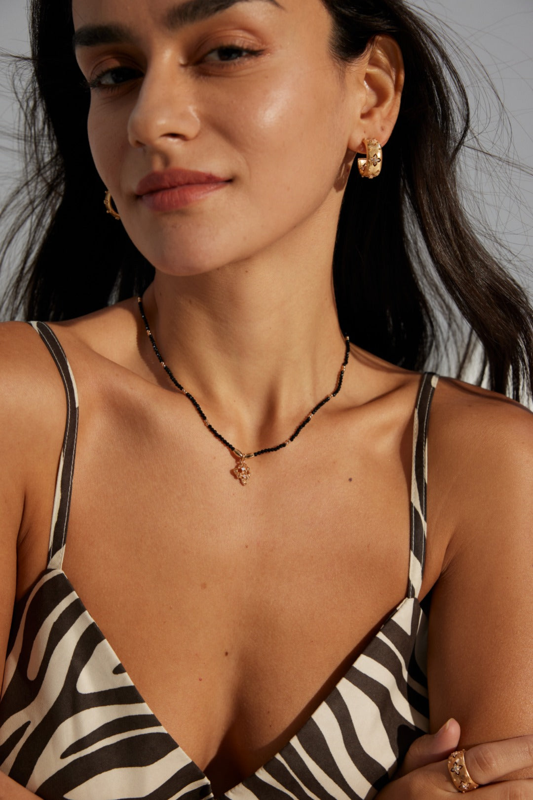 DOUBLE&LL Black Crystal Bead Necklace - 18K Gold Plated S925 Sterling Silver with Cubic Zirconia Pendant & Gold Accent Beads, Adjustable Chain