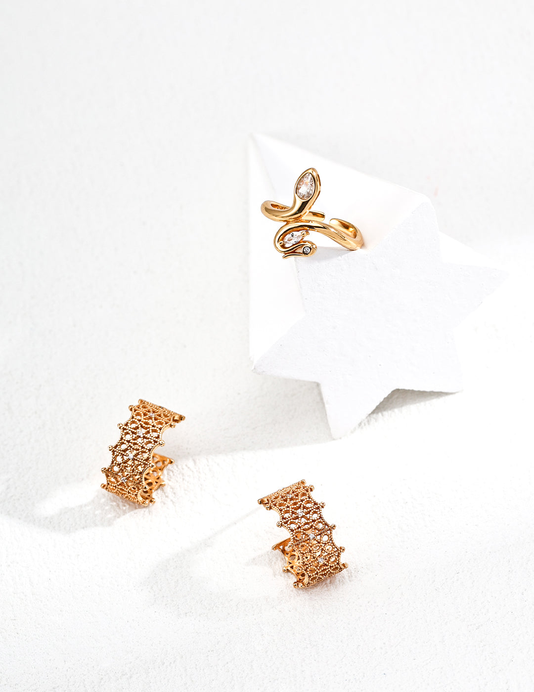 DOUBLE&LL Open Adjustable Ring - 18K Gold Plated S925 Sterling Silver Statement Cubic Zirconia Ring | Vintage Minimalist Stacking Jewelry