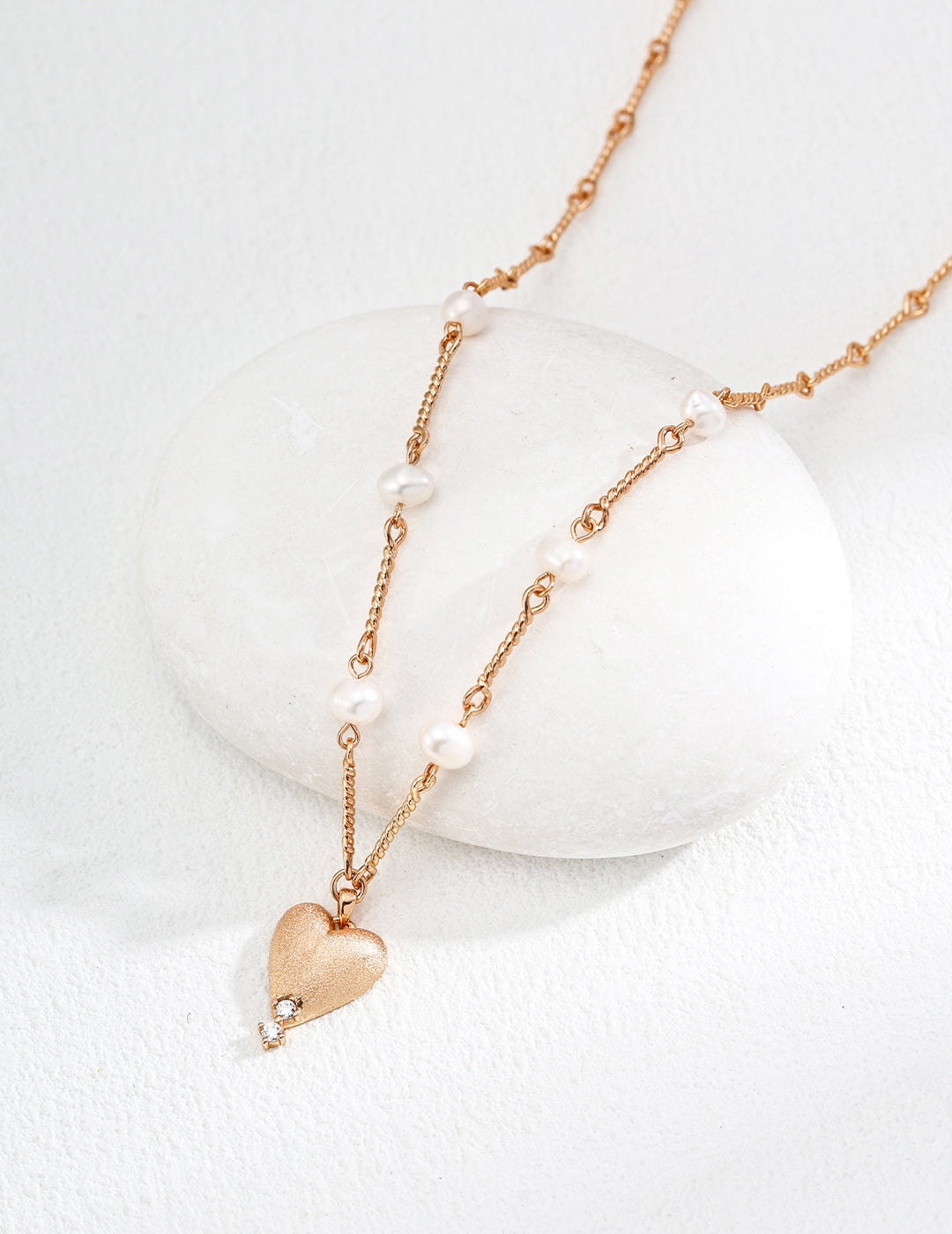 DOUBLE&LL Natural Pearl Necklace - 18K Antique Gold Plated S925 Sterling Silver Chain with Brushed Heart Pendant & Cubic Zirconia Accents