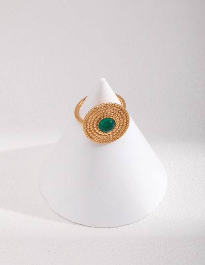 DOUBLE&LL Vintage Adjustable Open Ring - 925 Sterling Silver 18k Gold Plated Gemstone Ring, Green Chalcedony Intricate Woven Design Elegant Jewelry