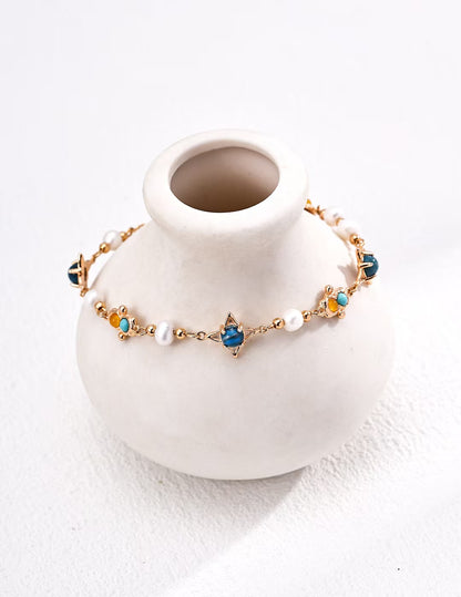 DOUBLE&LL Starry Night Bracelet | Vintage S925 Silver with Natural Pearl & Turquoise