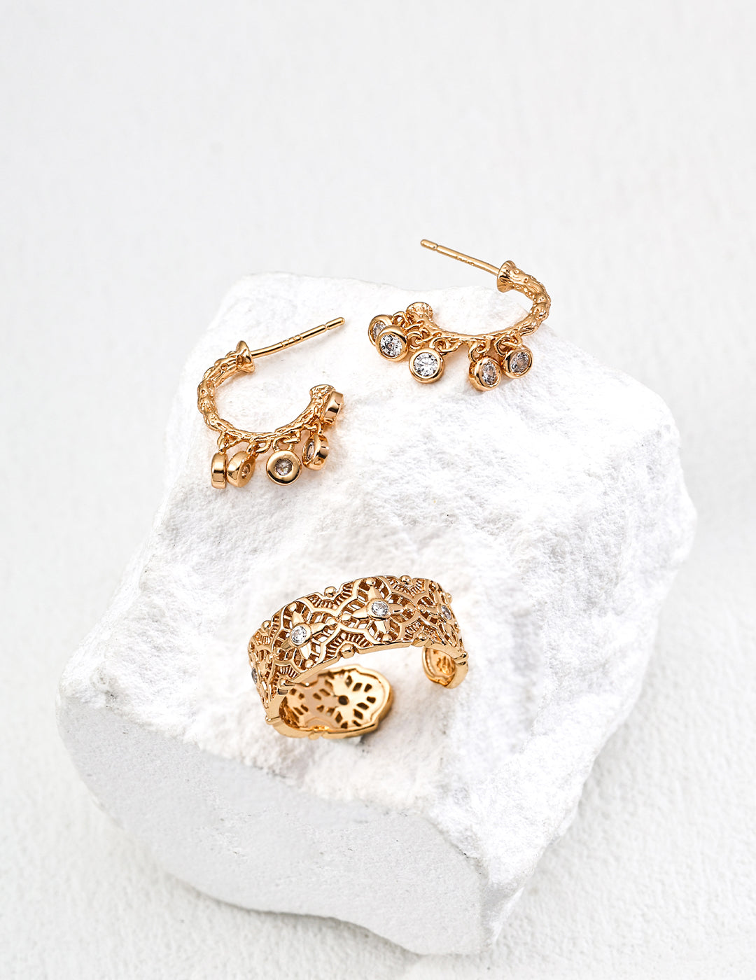 DOUBLE&LL Vintage Drop Earrings - 18K Gold Plated S925 Sterling Silver Arc Hoop with Cascading Cubic Zirconia | Dainty Elegant Jewelry