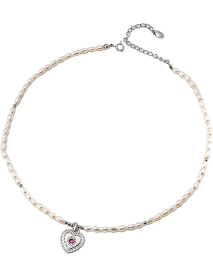 DOUBLE&LL Women's Heart Pendant Necklace,Natural Pearl & Zircon,18K Gold Plated -925 Sterling Silver,Vintage Birthstone Gift for Her